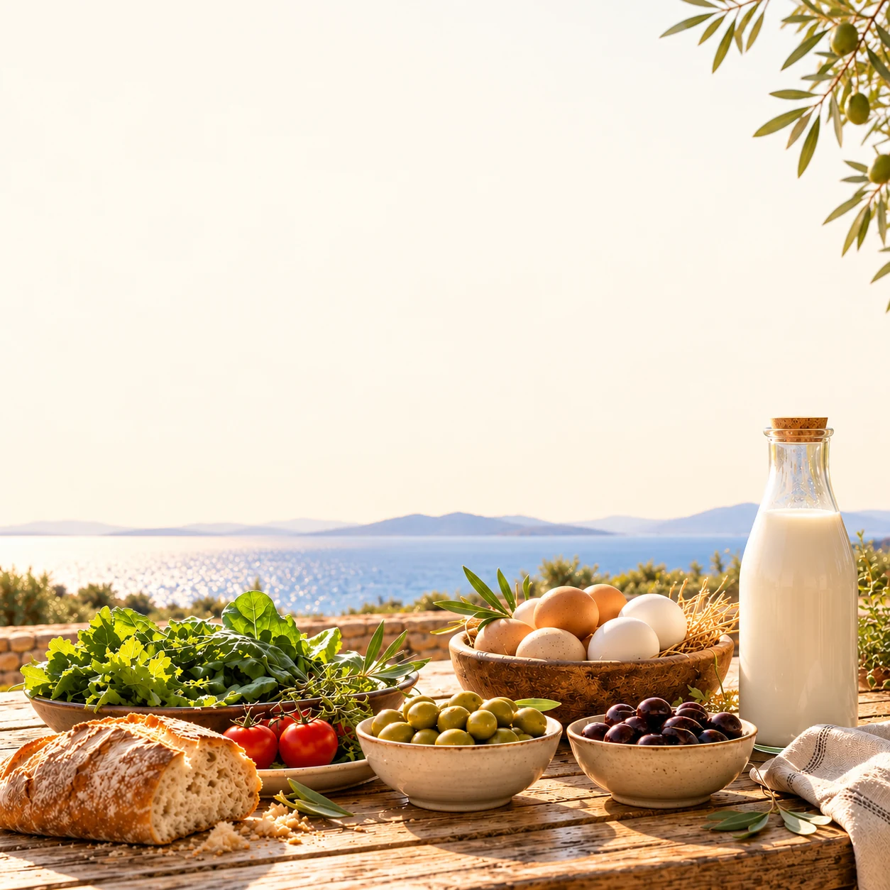 Ege manzarası önünde süt, yumurta, zeytin ve ekmekle hazırlanmış sofra